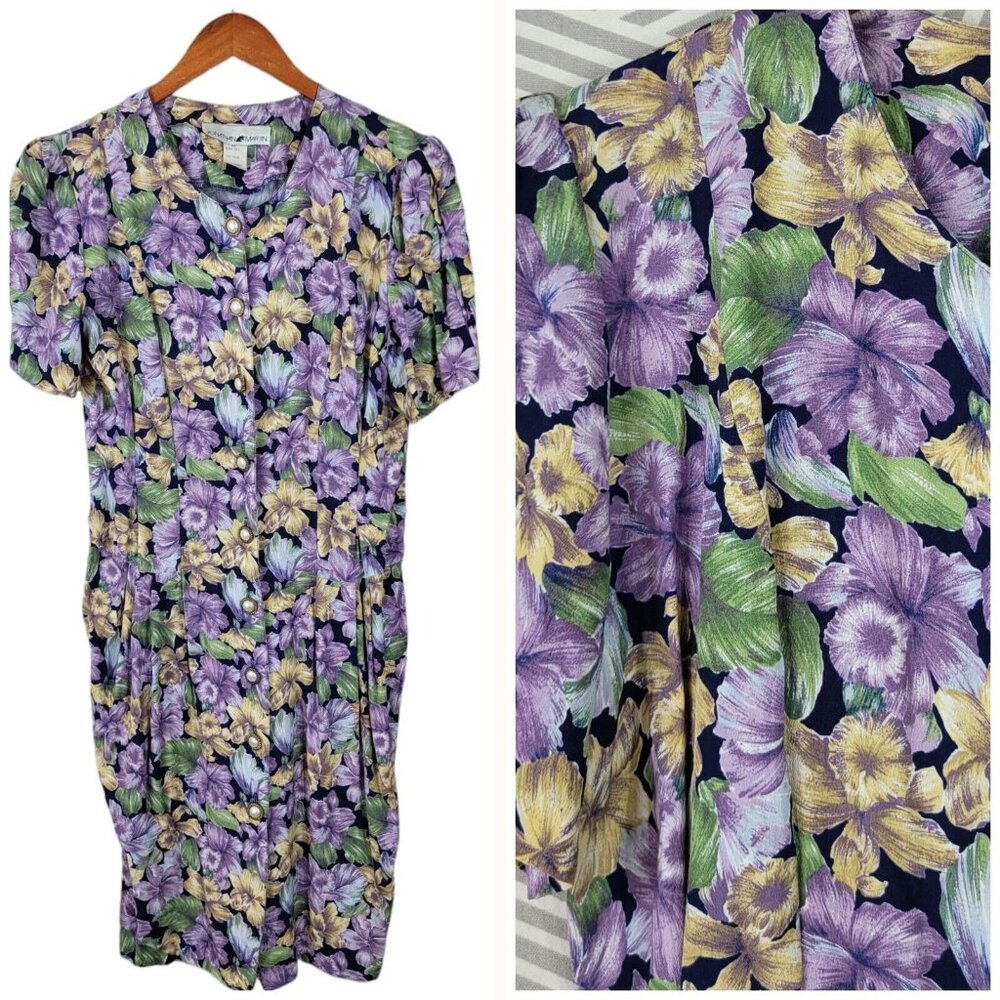Vintage 80s Shirt Dress size 8/10 Floral Sheath Altv Purple Dafadil Pearl Button